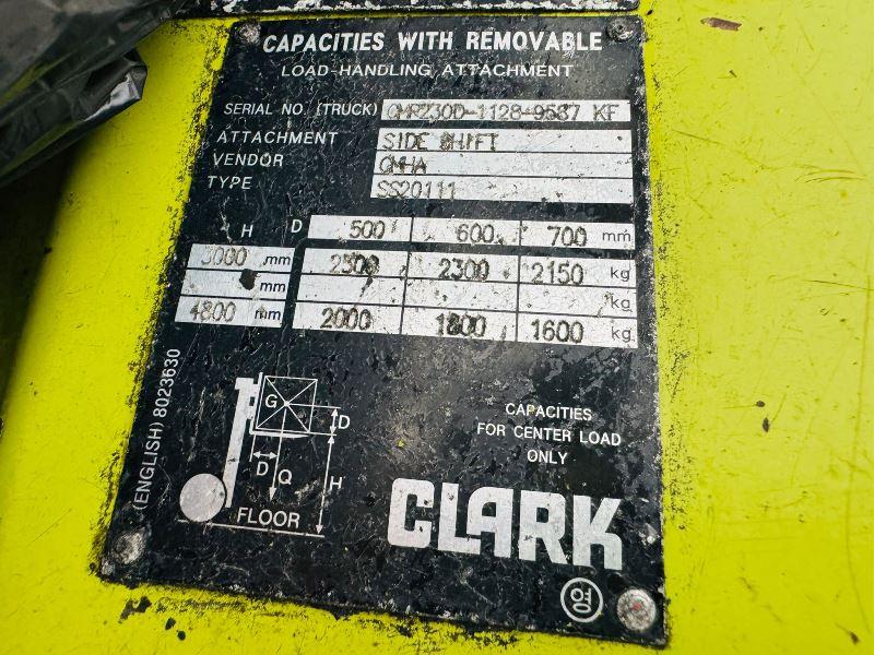 CLARK 30D DIRSEL FORKLIFT *CONTAINER SPEC* C/W SIDE SHIFT *VIDEO*