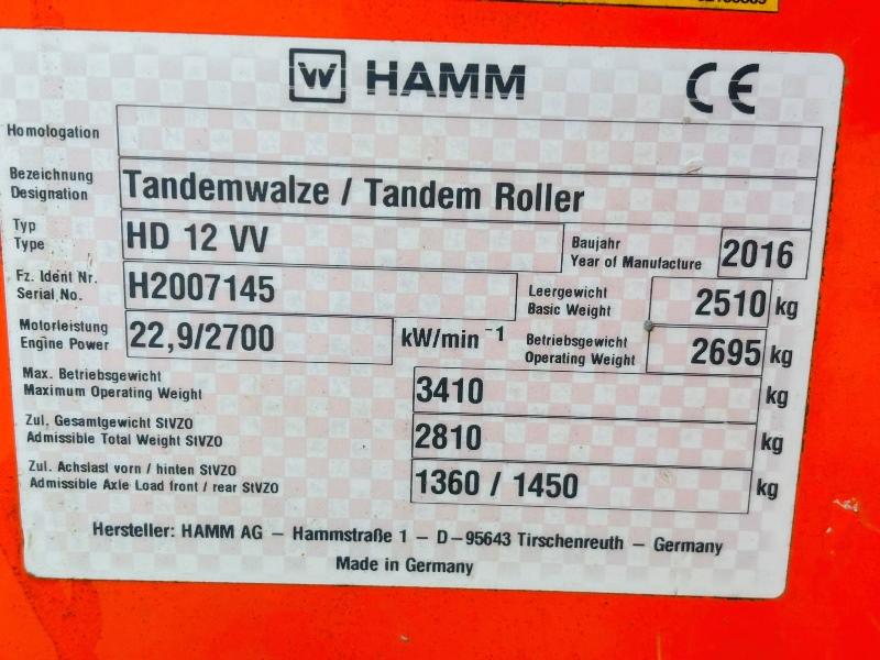 HAMM HD12 DOUBLE DRUM ROLLER *YEAR 2016, 1500 HOURS* C/W ROLE BAR *VIDEO*