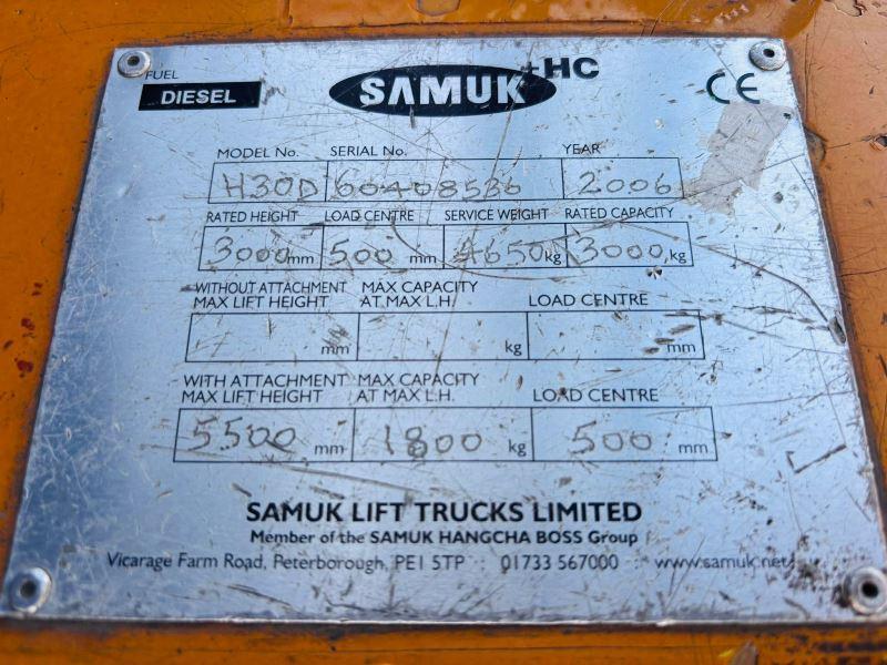 SAMUK H30D DIESEL FORKLIFT *CONTAINER SPEC* C/W PALLET TINES *VIDEO*